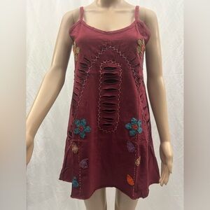 Boho Burgundy Sleeveless Dress with Floral Accents